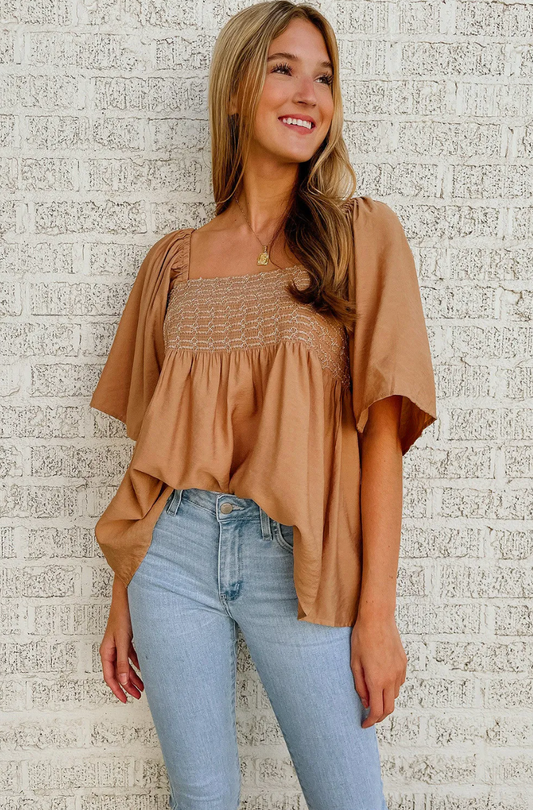 Brown Square Neck Wide Sleeves Top