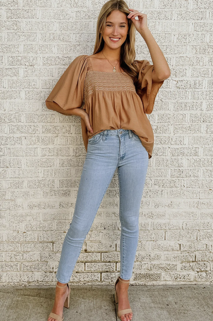 Brown Square Neck Wide Sleeves Top