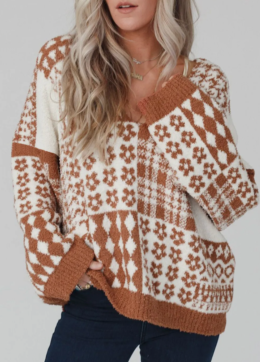 Mixed Pattern V-Neck Oversized Sweater