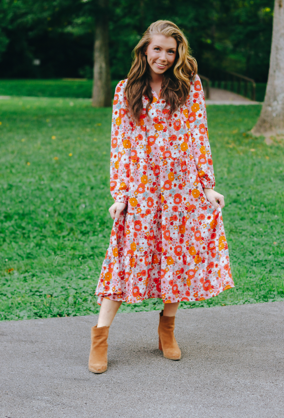 Floral Collared Long Sleeve Ruffled Dress