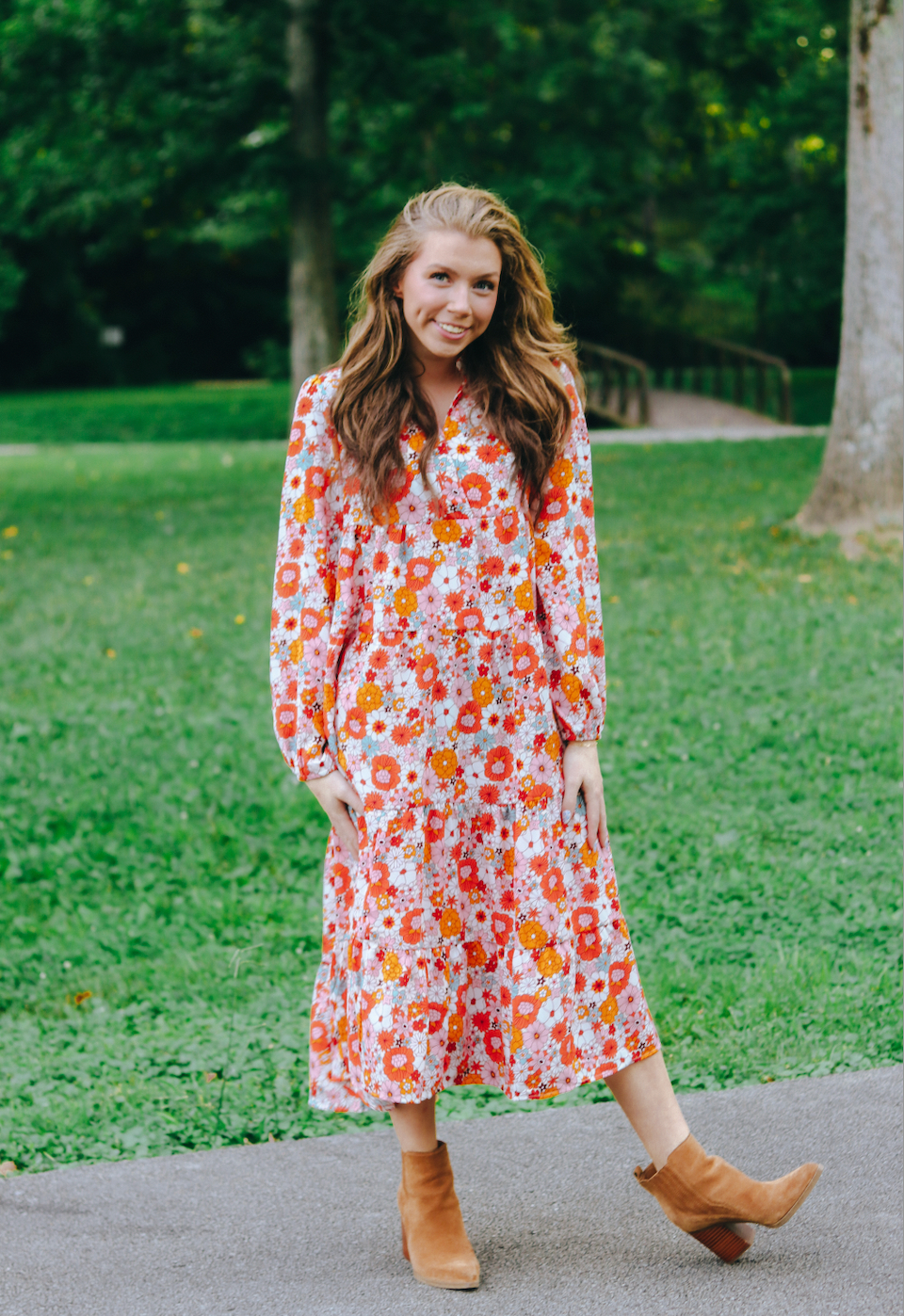 Floral Collared Long Sleeve Ruffled Dress