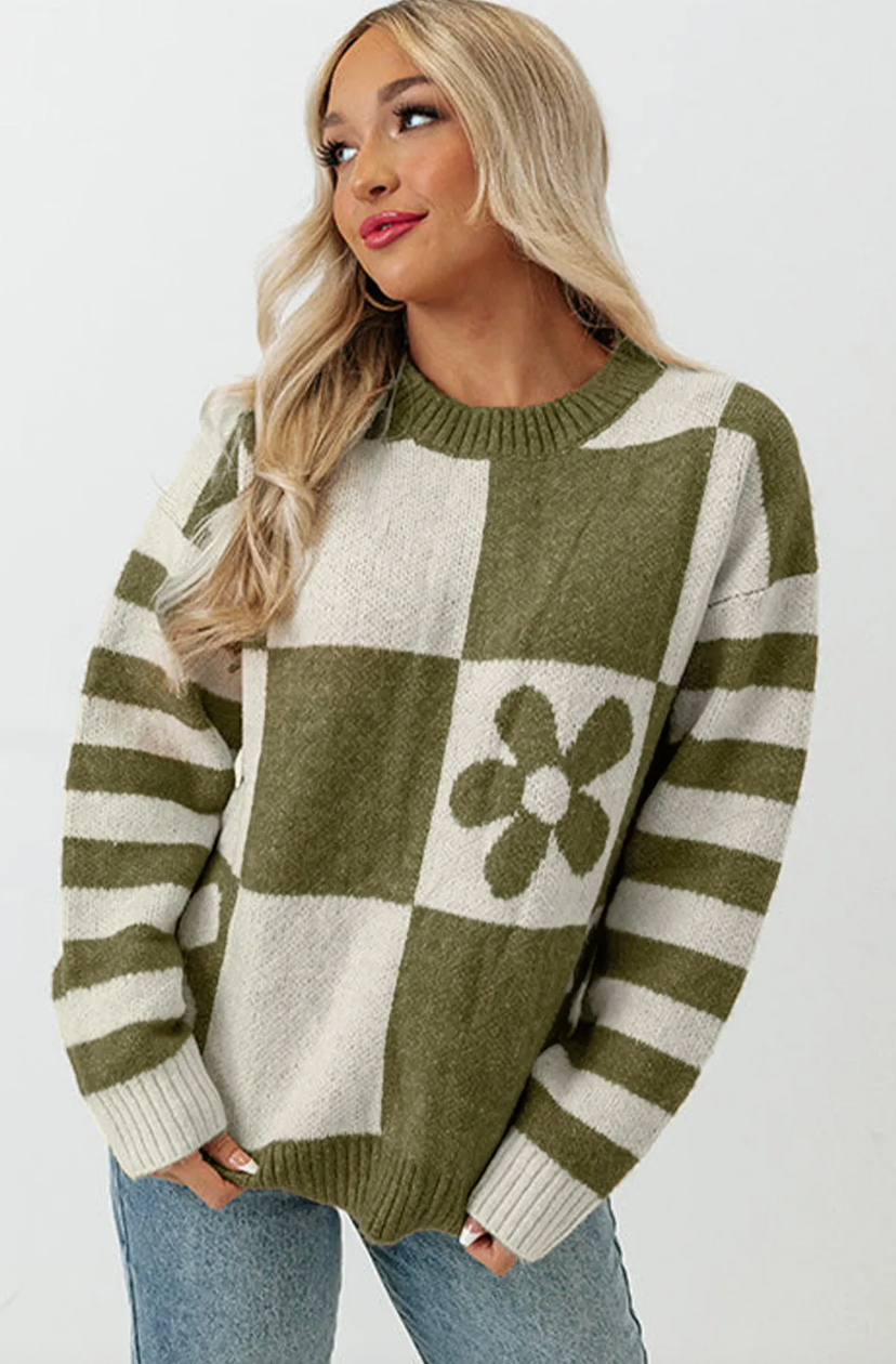 Green Checkered Print Sweater